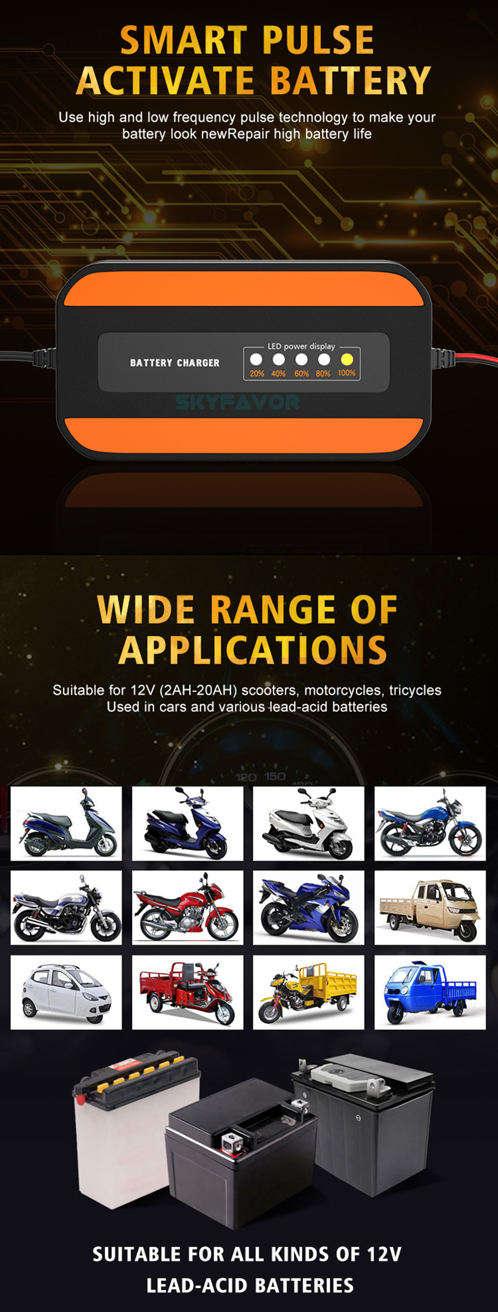 Fast Intelligent Car Battery Charger 12V 2A - Automatic Pulse Repair with LED Display for Lead Acid (Motorcycle) Battery Charger