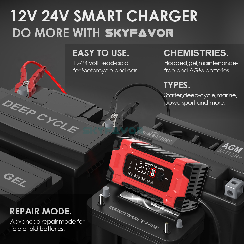 Professional 12V 24V Car Battery Charger 12V 24V 5A-10A Pulse Repair & OTP Protection for Gel/AGM Deep Cycle Car Battery Charger