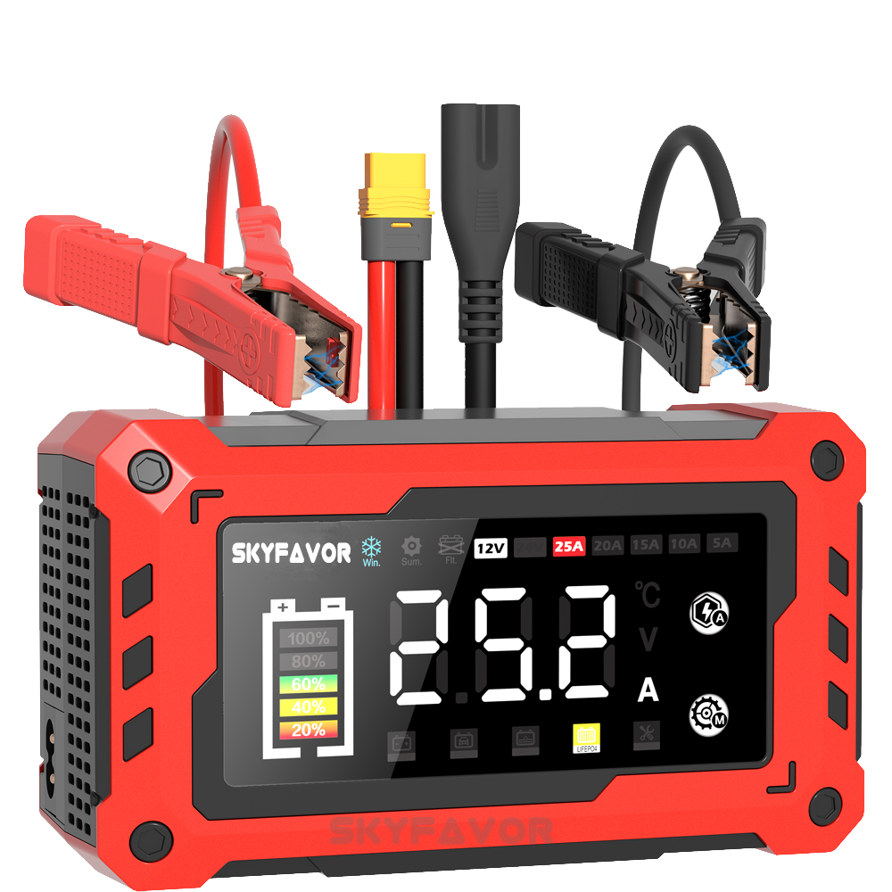 12V 24V Smart Mini Car Battery Charger - 5A/10A/15A/20A/25A Adjustable Current, High Power for Lead Acid LiFePO4 Battery Charger