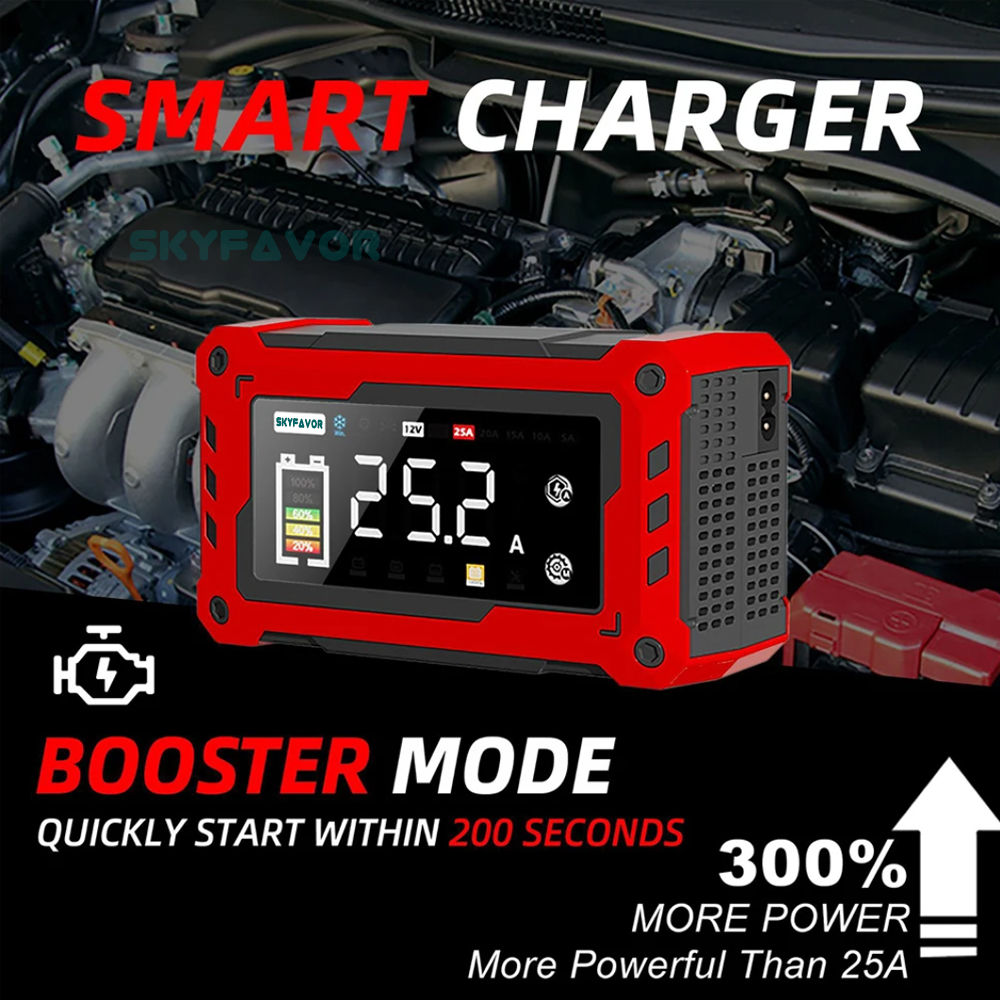 12V 24V Smart Mini Car Battery Charger - 5A/10A/15A/20A/25A Adjustable Current, High Power for Lead Acid LiFePO4 Battery Charger