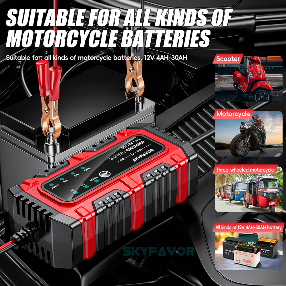 Universal Motorcycle Car Battery Charger 6V 12V Auto Trickle Charger with Pulse Repair Battery Charger for Lead Acid Batteries