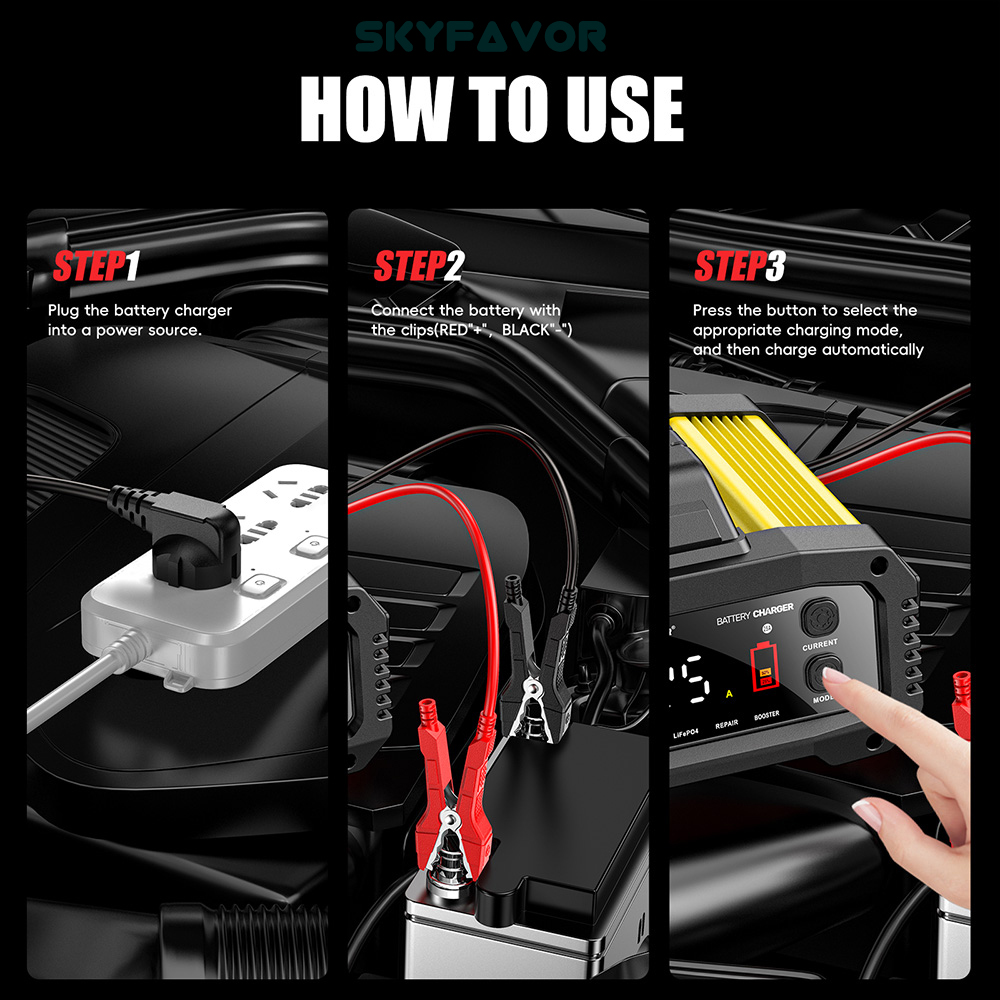 Latest Smart 12V 24V Car Battery Charger Automatic Adjustable Car Charger Universal Charger for Lead-Acid LiFePO4 Batteries