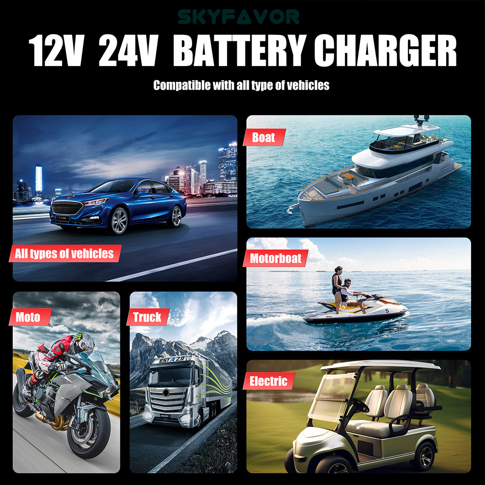 Latest Smart 12V 24V Car Battery Charger Automatic Adjustable Car Charger Universal Charger for Lead-Acid LiFePO4 Batteries
