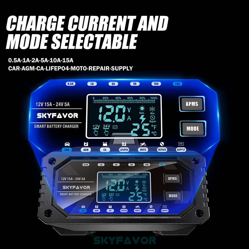 Best Selling Car Battery Charger 12V 24V 15A Auto Fast Adjustable Current Universal 12 Volt Lead Acid Lifepo4 Battery Charger
