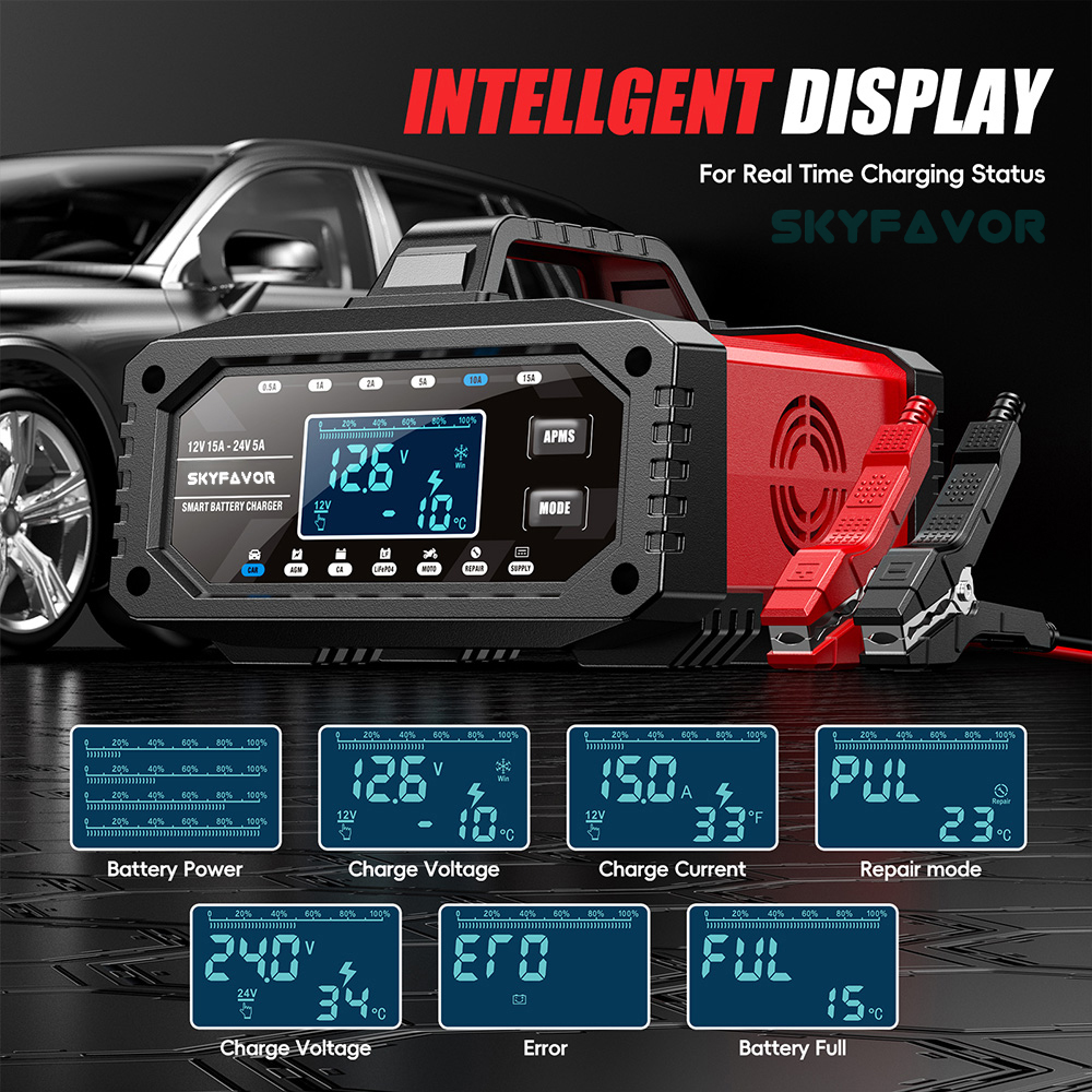 Best Selling Car Battery Charger 12V 24V 15A Auto Fast Adjustable Current Universal 12 Volt Lead Acid Lifepo4 Battery Charger