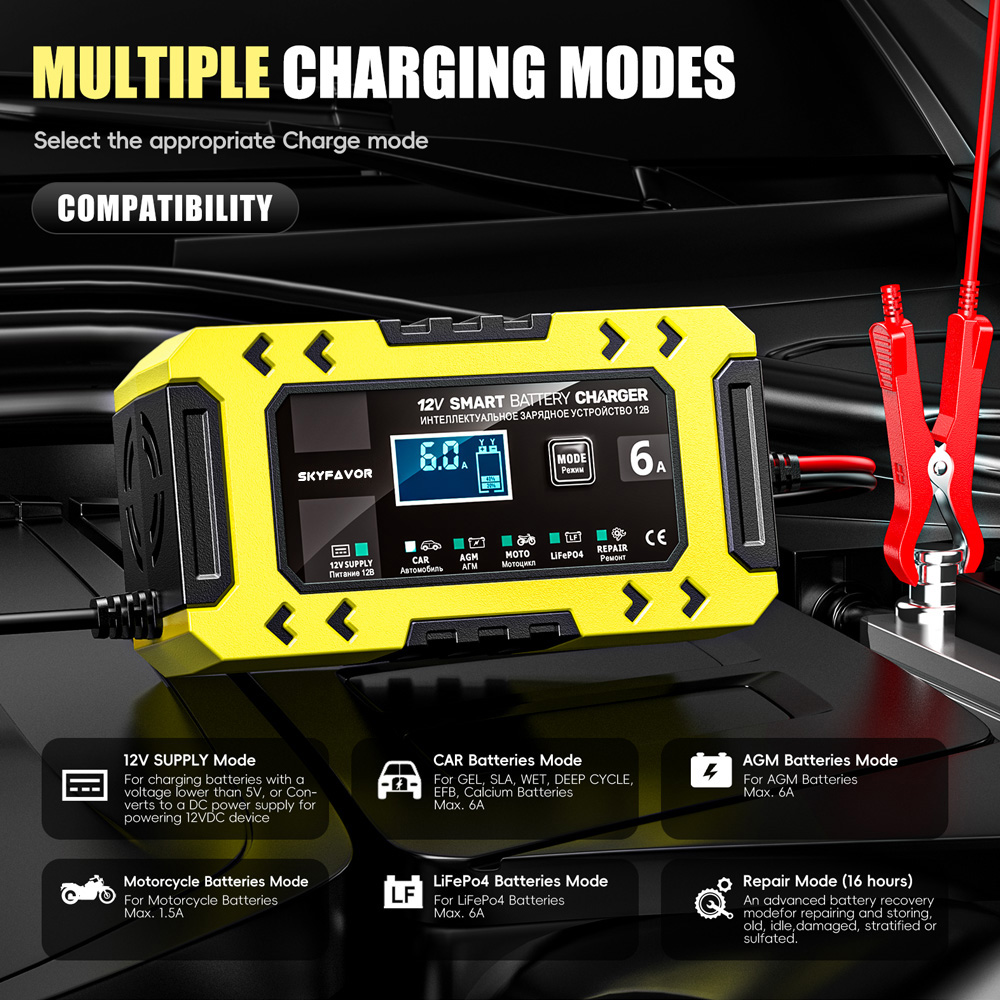 New Arrival 12V 6A Car Battery Charger 12V 6A Smart Multi-function Universal Power Supply and Lifpo4 Lead Acid Battery Charger