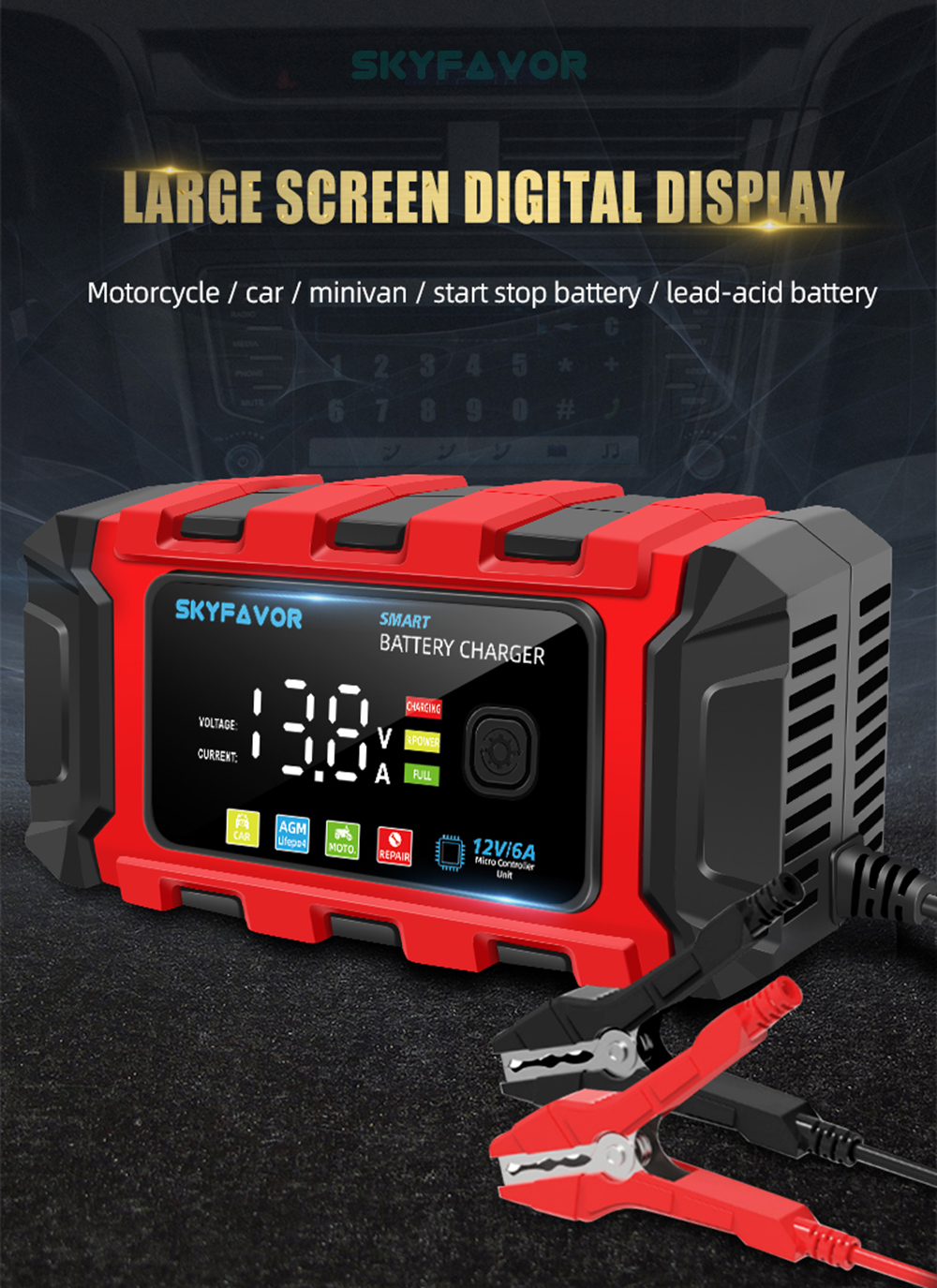 New Product12V 6A Automatic Car Battery Charger Automatic Maintenance Free Deep Cycle for Lead Acid 12V Motorcycle & Car Charger