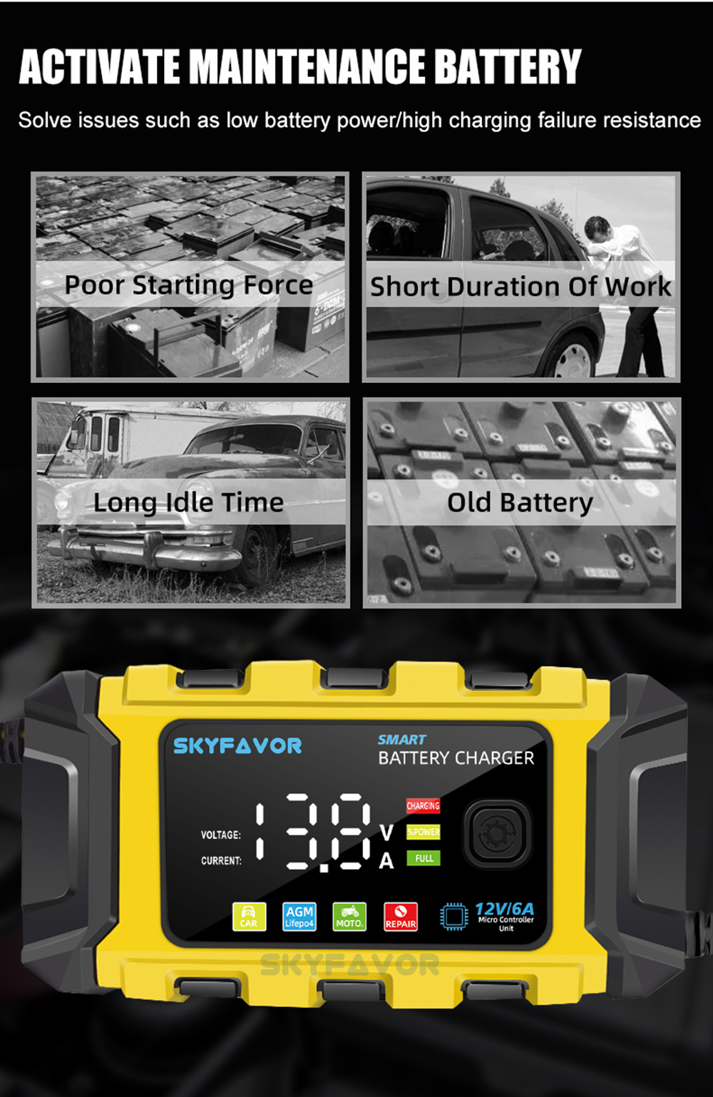 New Product12V 6A Automatic Car Battery Charger Automatic Maintenance Free Deep Cycle for Lead Acid 12V Motorcycle & Car Charger