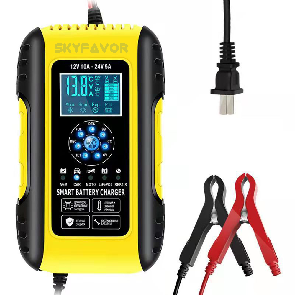 12V 10A/24V 5A Universal Car Battery Charger Intelligent Automatic - Pulse Repair for Lead Acid LiFePO4 - Car Truck Compatible