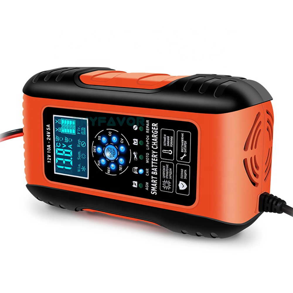 12V 10A/24V 5A Universal Car Battery Charger Intelligent Automatic - Pulse Repair for Lead Acid LiFePO4 - Car Truck Compatible