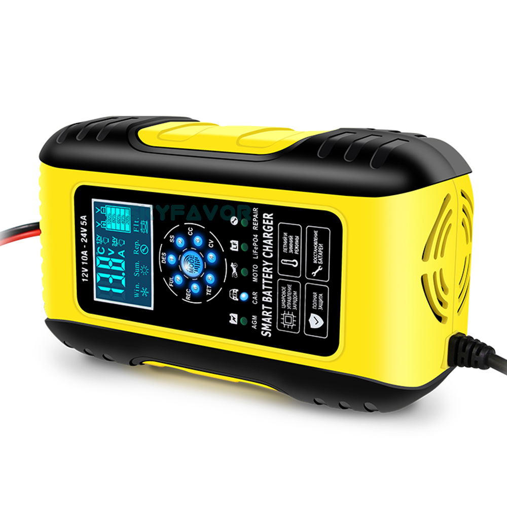12V 10A/24V 5A Universal Car Battery Charger Intelligent Automatic - Pulse Repair for Lead Acid LiFePO4 - Car Truck Compatible