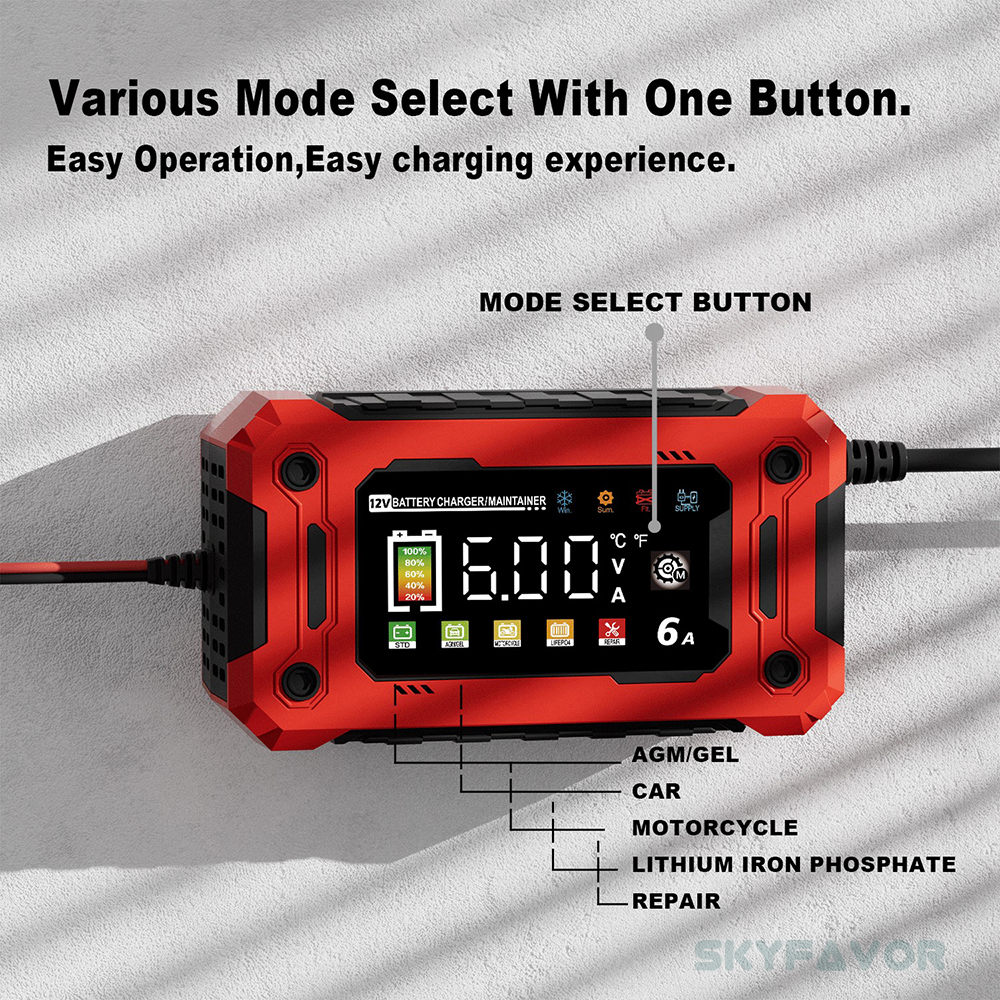 Smart 12V 6A Car Battery Charger Universal for Motorcycle Car Industrial Electric Tool Lifepo4 Gel AGM Lead Acid Battery Charger