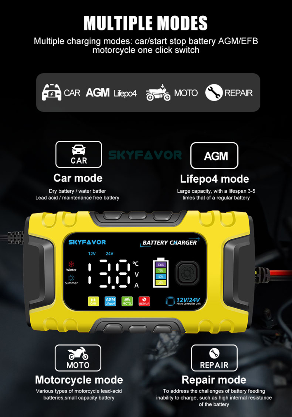 Automatic 12V 24V Battery Charger 12V 24V 10A Smart Fast Lifepo4 AGM GEL Trickle Universal Truck Motorcycle Car Battery Charger