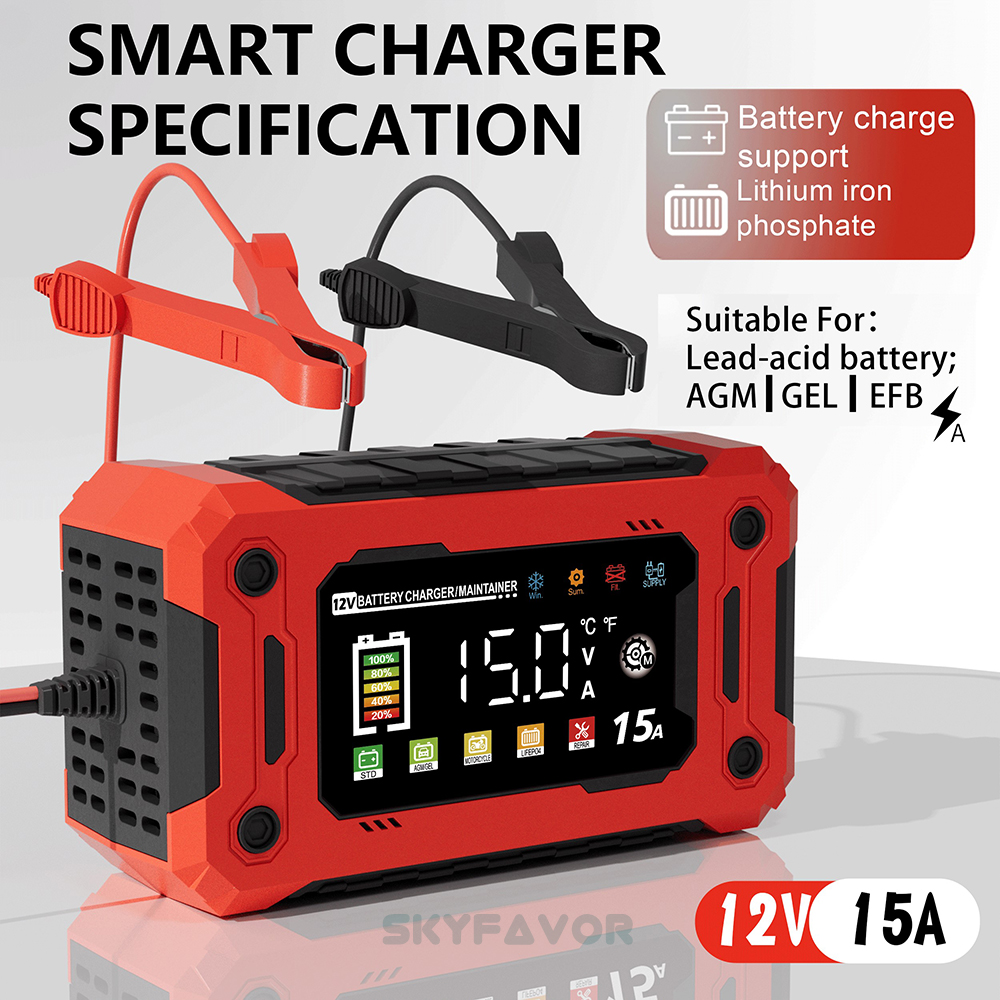 Automatic Motorcycle Truck Car Battery Charger 12V 15A Fast Smart Universal Lifepo4 Lead Acid Battery Charger with Pulse Repair