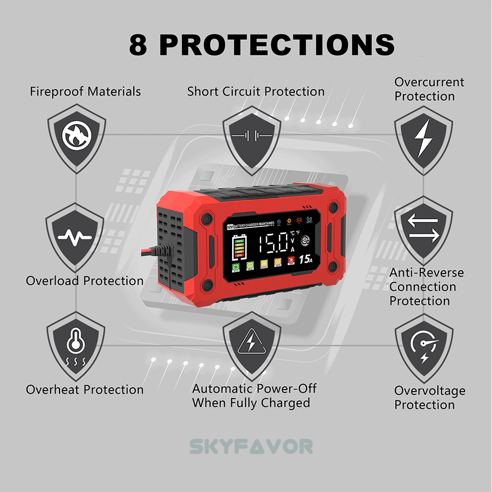 Automatic Motorcycle Truck Car Battery Charger 12V 15A Fast Smart Universal Lifepo4 Lead Acid Battery Charger with Pulse Repair