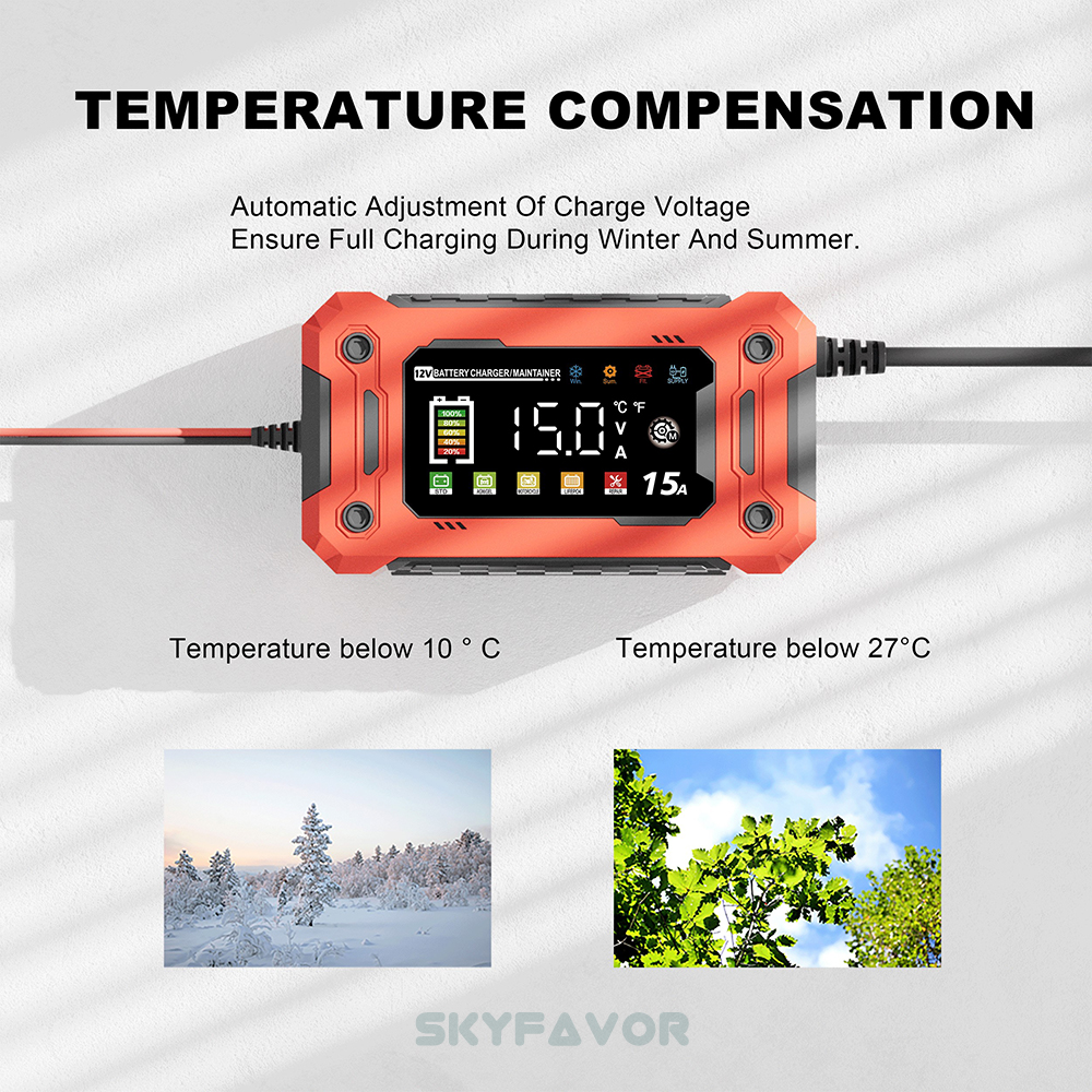 Automatic Motorcycle Truck Car Battery Charger 12V 15A Fast Smart Universal Lifepo4 Lead Acid Battery Charger with Pulse Repair