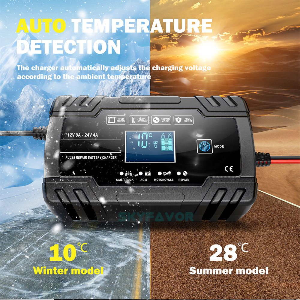 Universal Truck Car Battery Charger 12V 24V 8A Automatic Maintenance-free Gel Agm Dry Wet Deepcycle Pulse Repair Battery Charger