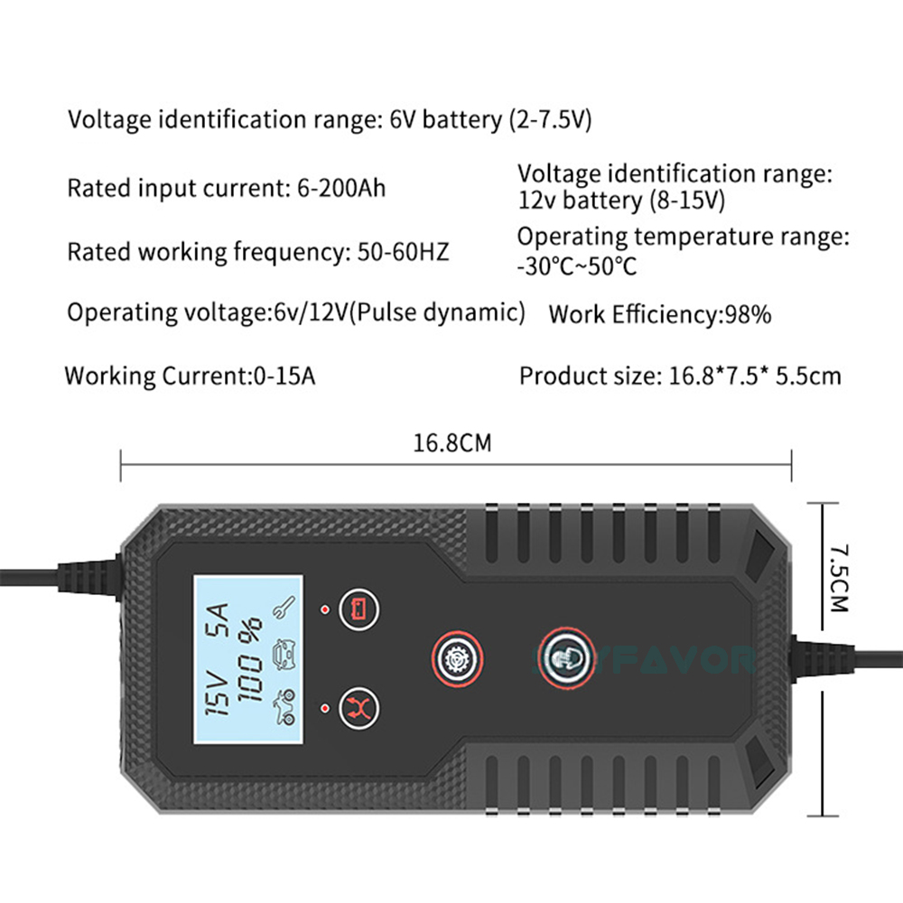 LCD Display Car Motorcycle Battery Charger 6V 12V 15A FAST Universal Pulse Repair Battery Charger for 6V 12V Lead Acid Batteries