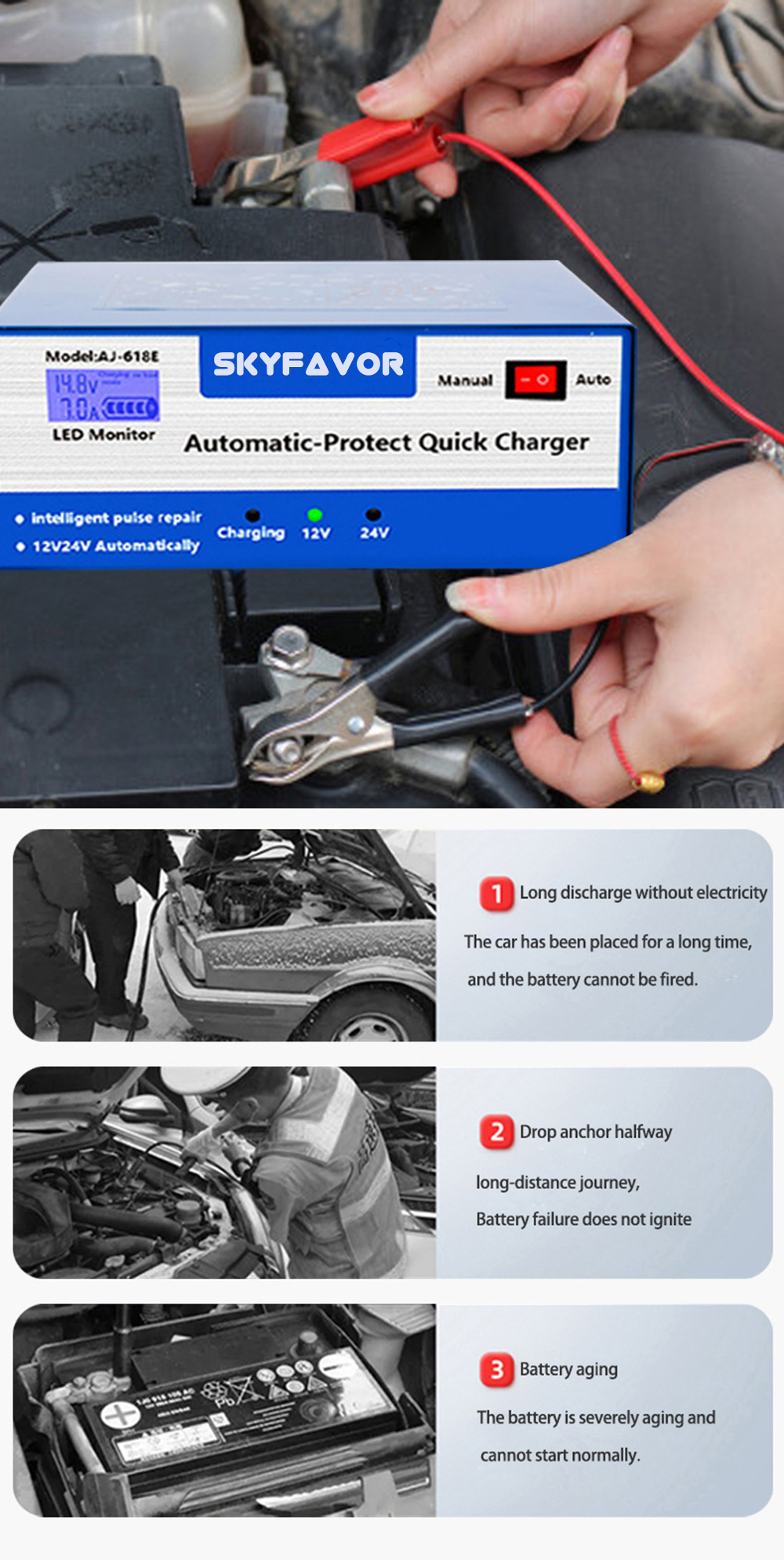 Automatic Universal 12V 24V Battery Charger Car Truck 12V 10A 24V 5A Full Self-stop Motorcycle Boat Marine Battery Charger