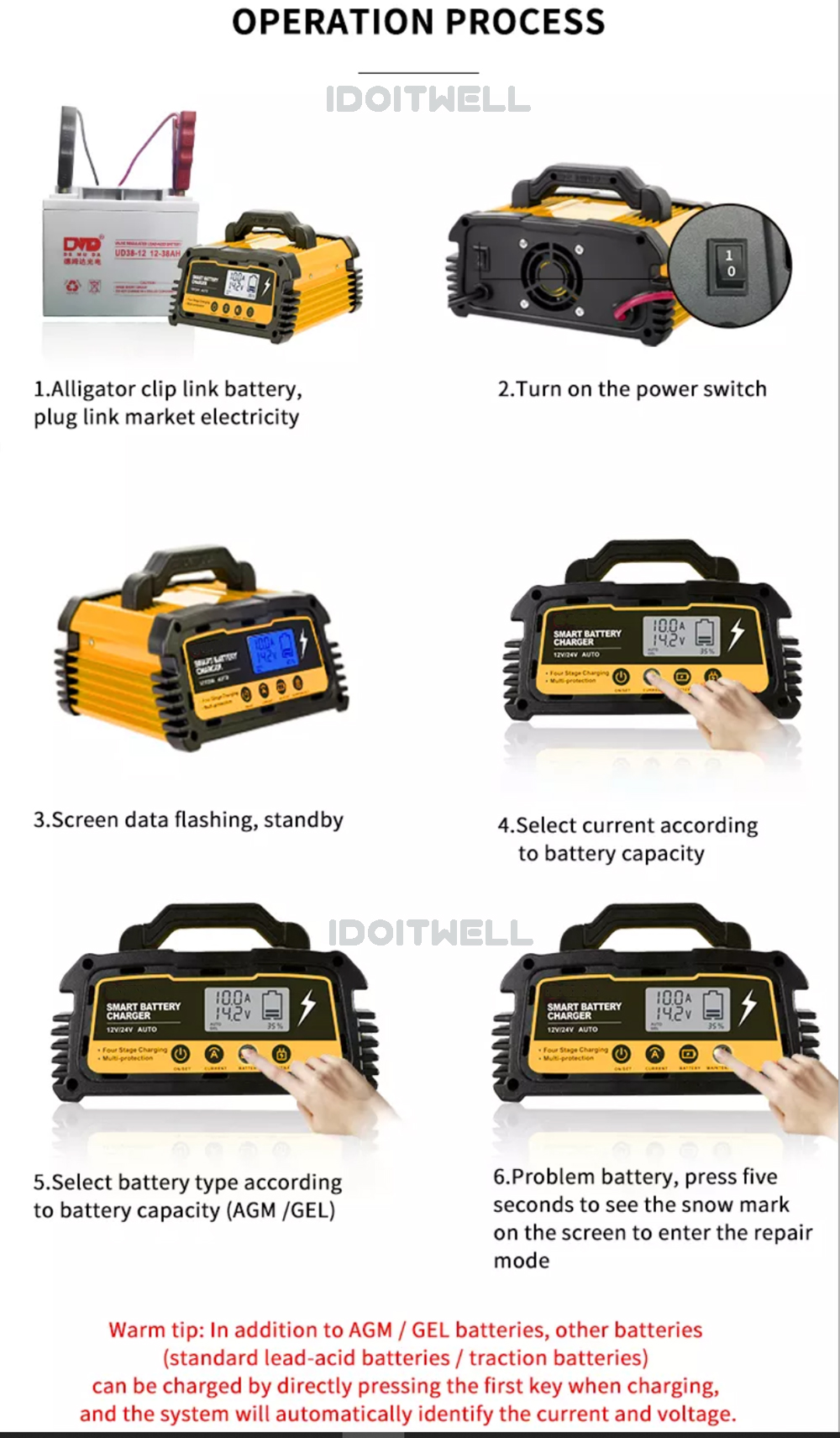 Automatic Motorcycle Car Battery Repair Charger 12V 6A 8A 10A 24V 6A Smart Maintainer Trickle Charger for Lead Acid Battery