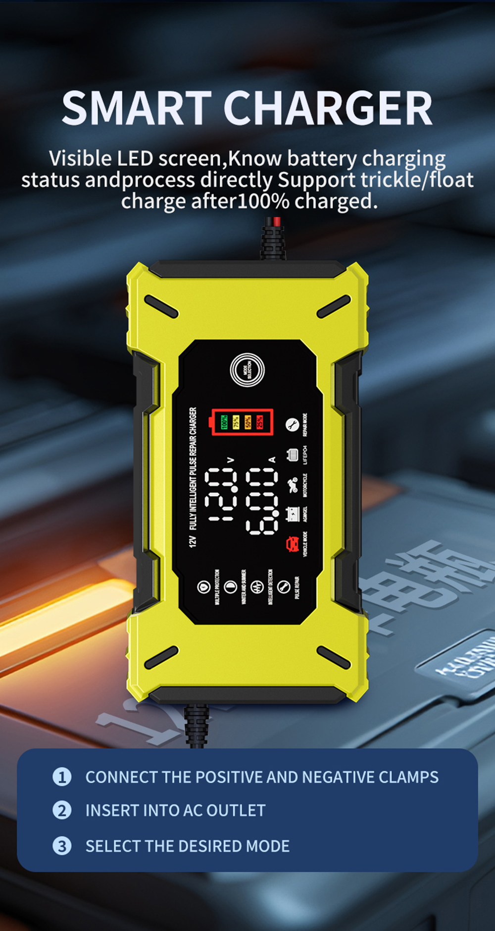 Latest Automatic12V Car Battery Charger 12V 6A Voltage Current Dual Display Universal Lifepo4 Gel AGM Lead Acid Battery Charger