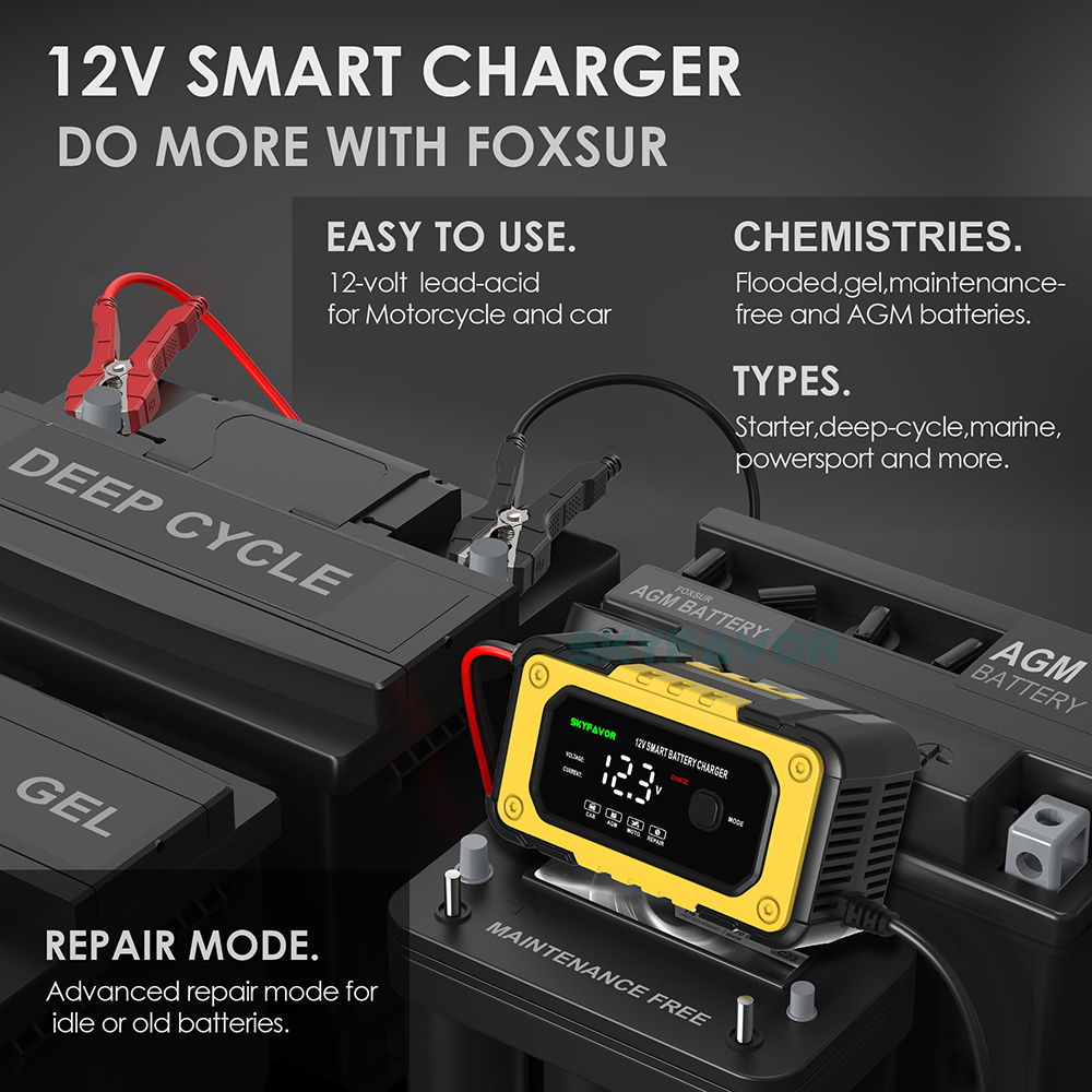 Automatic 12V 6A Car Battery Charger Fast Trickle Charger Smart Fireproof Charger for LiFePO4 Lead Acid Motorcycle Batteries